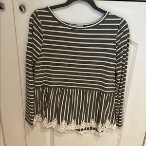 Striped Long Sleeve Top with Lace Hem